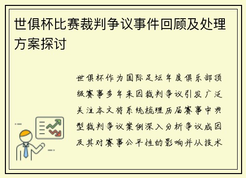 世俱杯比赛裁判争议事件回顾及处理方案探讨
