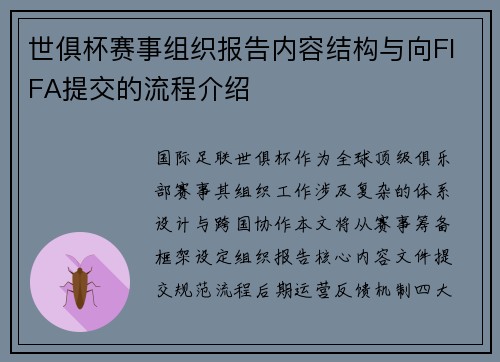 世俱杯赛事组织报告内容结构与向FIFA提交的流程介绍
