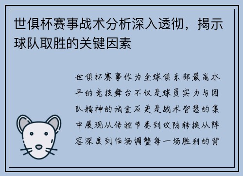 世俱杯赛事战术分析深入透彻，揭示球队取胜的关键因素